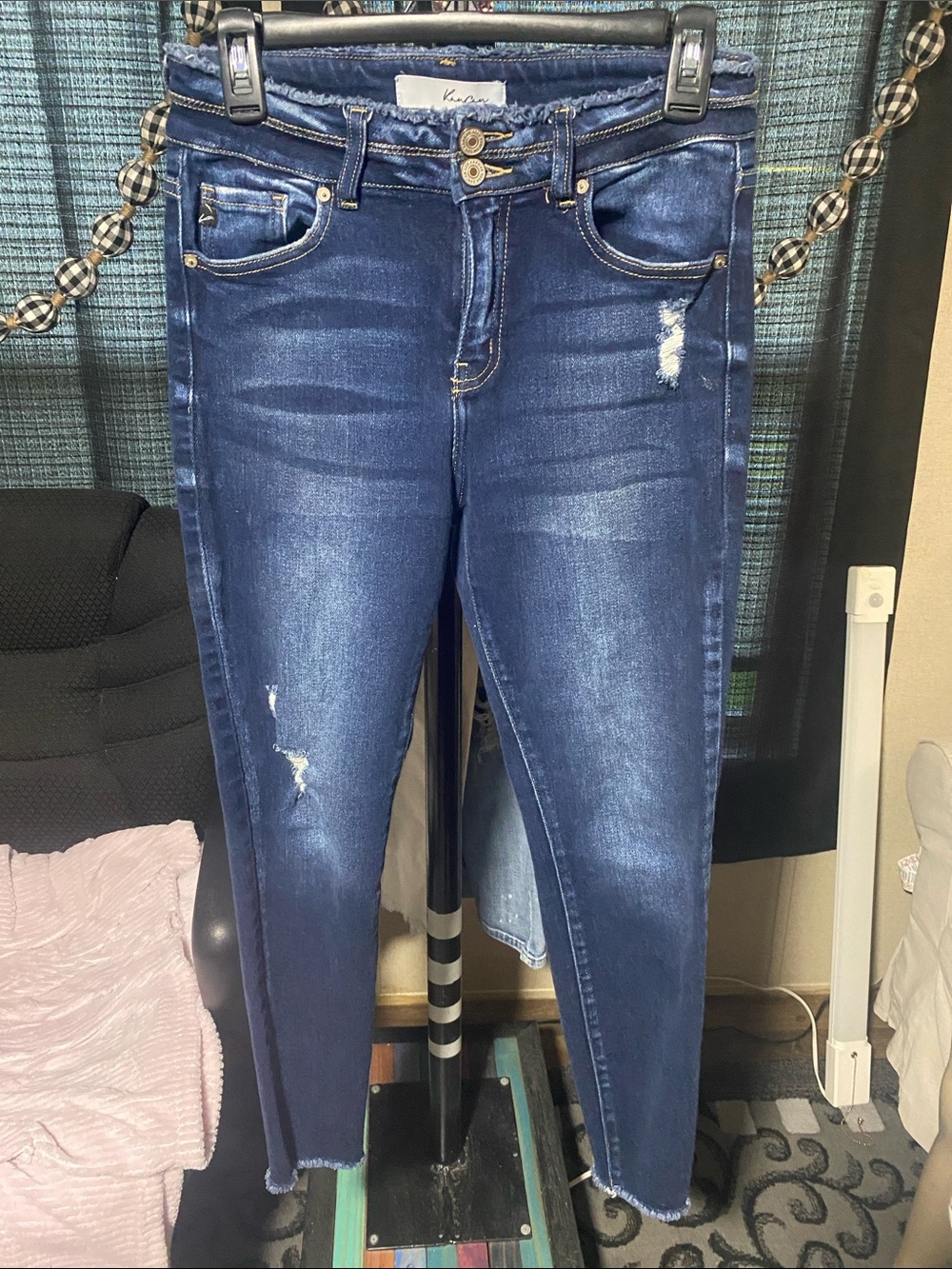 KanCan Women’s Dark Blue High-Rise Distressed Skinny Jeans